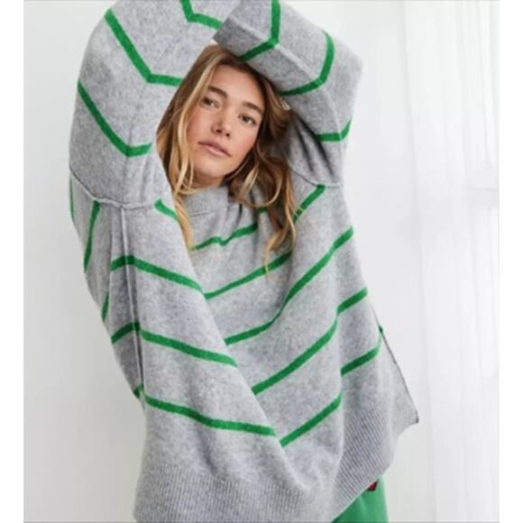 Aerie Unreal Striped Sweater Oversized Gray Green - Picture 1 of 9